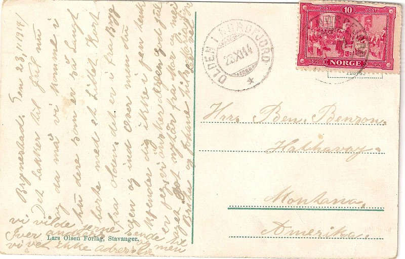 scan0014b.jpg - The front is from Olden, Nordfjord - like the other ones.The text is:"Brynestad November 23 1814Christmas is coming up and our thoughts and a small greeting go to you who are so far away. The card shows Olden from the pier but you might not recognize it I think. Mother and I, Brita and Johane wish you a merry Christmas and a happy New Year.Maria Sigri, Best wishesWe would like to send to Iver Andreas as well, but we do not know the address."The sign off probably should read: Greetings Maria, live well, Sigri(DH)